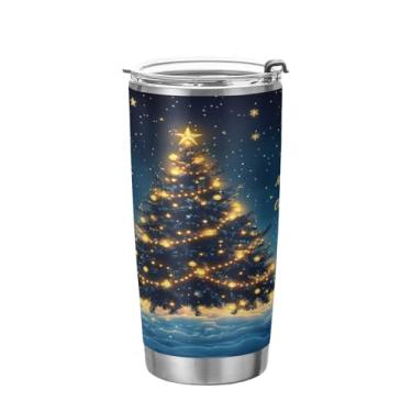 Imagem de ATTX Copo de árvore de Natal de flocos de neve com tampa e canudo, garrafa de viagem de parede dupla de café com isolamento a vácuo de 590 ml #1043