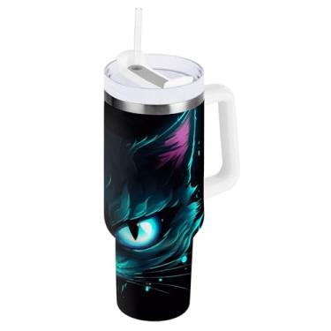 Imagem de Blueangle Copo isolado de 1,134 g com alça e tampa de canudo - Caneca de viagem de aço inoxidável à prova de vazamento, garrafa de água de olho de gato neon azul a vácuo de parede dupla (518)