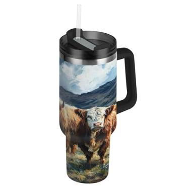 Imagem de SEHANY Copo Highland Cow 1,134 g com tampa e canudo, aço inoxidável de vácuo duplo isolado garrafa de água esportiva suporte para copo de café de viagem à prova de vazamento para bebida gelada