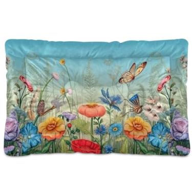 Imagem de SEHANY Cama de jardim de flores silvestres para cães e gatos com fundo antiderrapante, caixa de canil, colchão macio para animais de estimação, lavável para cães pequenos, médios e grandes, gatos, 45