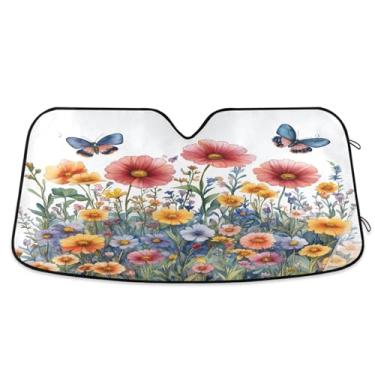 Imagem de ATTX Wildflowers Butterflies Para-brisa Carro Para-brisa 144.8 cm x 80.0 cm Escudo Solar Universal com Proteção UV, Persiana de Janela Frontal Auto Dobrável para Sedans SUVs Caminhões #120