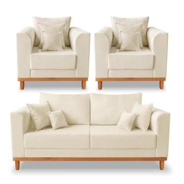 Imagem de Kit Sofá 3 Lugares com 2 Poltronas Linho Bege – Conjunto para Sala de Estar em Madeira e Estofado Confortável