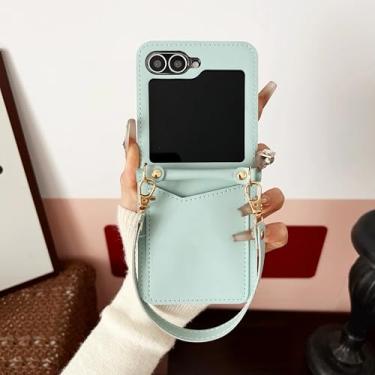 Imagem de Capa de luxo para celular Samsung Galaxy Z Flip 3 4 5 6 5g Flip6 com compartimentos para cartões e alça de mão (Verde).