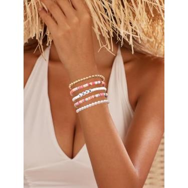 Imagem de Conjunto de 5 peças de pulseiras femininas com contas de verão coloridas, contas de argila Heishi Love, pulseira com letras de amor, ouro e pérola, elástico, joias boêmias, presentes