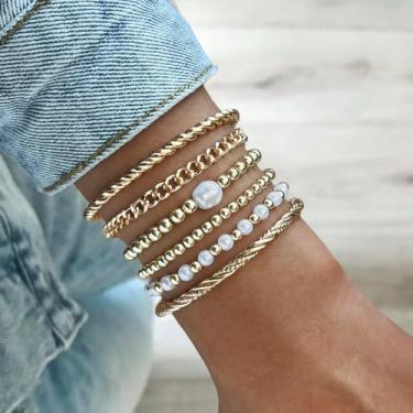 Imagem de Bracet de pérola para mulheres, pulseiras empilháveis com contas douradas, pulseiras com contas modernas, joias elegantes para mulheres, presente para ela, conjunto de suspensórios empilháveis, Medium