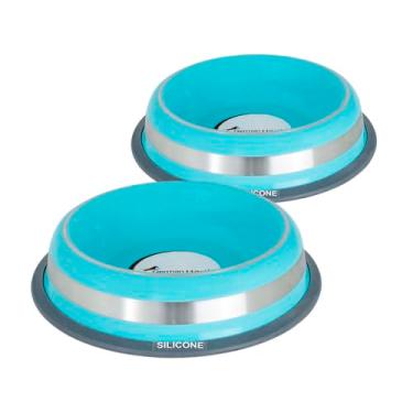 Imagem de Kit 2 Comedouros/Bebedouros Inox Prestige 210ml (Pequeno) - Antiderrapante, Higiênico, Resistente à Ferrugem, Base Azul para Cães e Gatos