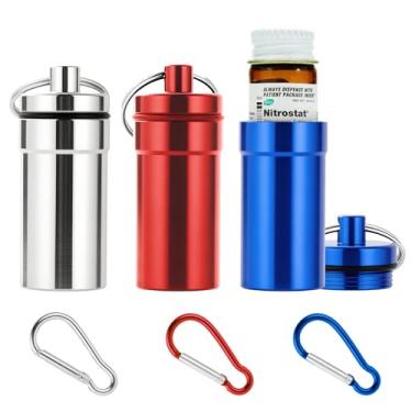 Imagem de Porta-pílulas de nitroglicerina, pacote com 3 mini porta-comprimidos à prova d'água portátil para viagem, porta-chaves, recipiente para garrafa de nitroglicerina de 25 quilates (3 peças - prata +