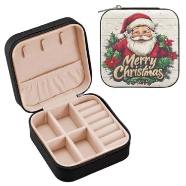 Imagem de Wassud Estojo de joias de viagem com cabeça de Papai Noel Doodle para mulheres, meninas, senhoras, noiva, mini organizador de joias de couro PU, caixa quadrada de armazenamento de joias para brincos