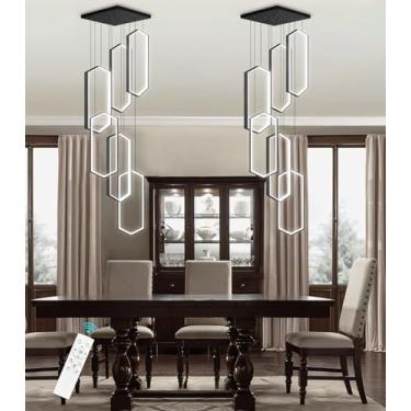 Imagem de Lustre moderno de 3 anéis com LED, dimerizável, luminária pendente ajustável, montagem embutida no teto, ideal para hall de entrada, sala de estar e escadas, cor preta.