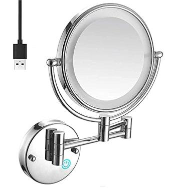 Imagem de Espelho de banheiro doméstico, espelho de maquiagem montado na parede de 20 cm, espelho de maquiagem 5X para cosméticos de parede, dupla face, botão de toque, luz ajustável, maquiagem de barbear