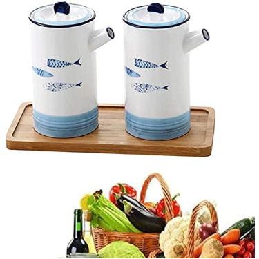 Imagem de uhyOHF Galheteiro de óleo e vinagre, conjunto de garrafas dispensadoras de cerâmica, molho de soja, azeite de oliva, vinagre com despejador, dispensador de condimentos líquidos/C (B