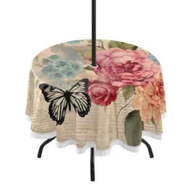 Imagem de CEBUGI Toalha de mesa redonda para uso externo, rosa, borboleta, impermeável, com furo Umberlla, capa de mesa lavável para pátio, cozinha, sala de jantar, 152 cm