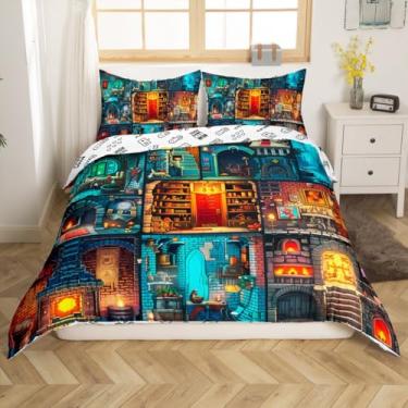 Imagem de Conjunto de capa de edredom tamanho casal, jogo de cama com tema de mineiro pixelado, 3 peças para decoração de quarto de crianças, meninos, adolescentes, blocos de patchwork, vista da cidade, 2