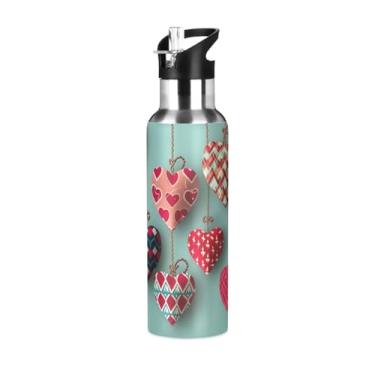 Imagem de Wassud Garrafa de água simples coração amor garrafa de água esportiva de aço inoxidável com canudo garrafas de água isoladas copo portátil de viagem 947 ml