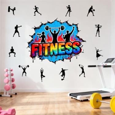 Imagem de OLMIXA Decalques de parede fitness 3D, adesivos de parede de ginástica, exercícios esportivos de vinil, arte de parede para academia e academia, quarto, sala de jogos