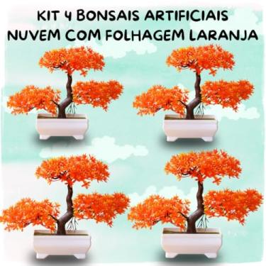 Imagem de Genérico, Kit 4 Bonsais Artificial Nuvem Outono – Folhas Laranjas em Vaso Branco Moderno Estilo Zen