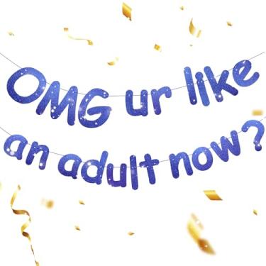 Imagem de OMG UR Banner Like an Adult Now – Decorações engraçadas de aniversário de 18 anos para meninas e meninos, faixa de festa de aniversário de 18 anos com glitter, suprimentos de pano de fundo