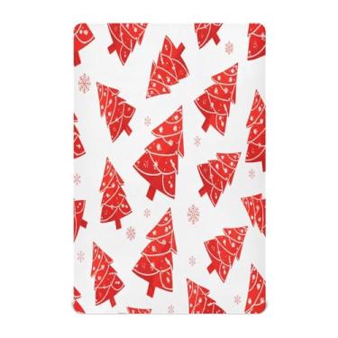 Imagem de Qilmy Lençóis de berço de árvore de Natal vermelha, de microfibra macia, respirável, elástico, lençol com elástico para meninos e meninas, miniberço, 132 x 71 cm, capa de colchão infantil portátil