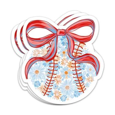 Imagem de Adesivo de beisebol com laço floral 3 peças adesivo esportivo jogador de beisebol feminino time jogo dia de jogo adesivos de vinil à prova d'água para laptop garrafa de água decalques de capacete
