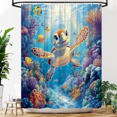 Imagem de YOZSLGU Linda cortina de chuveiro tartaruga marinha oceano subaquático mundo subaquático colorido coral peixe tropical desenho animado cortinas decoração de banheiro com ganchos, 177,8 cm L x 180 A
