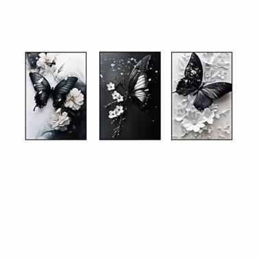 Imagem de PHWWDSUQA 3 peças de arte de parede em tela de borboleta preta, flores pretas e brancas, imagem de borboleta para parede, decoração de sala de estar, 40 x 61 cm, sem moldura
