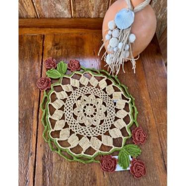 Imagem de Sousplat Bandeja Flores 50x33cm Crochê Artesanal (Marrom - Fundo Champanhe)