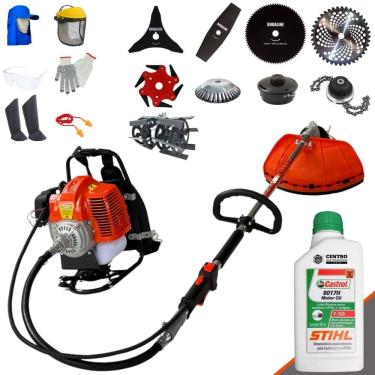 Imagem de Roçadeira Costal Terra 43cc Com Carretel + Facas 2 Pontas, 3 Pontas, 6 Pontas, 40 Dentes Vídea, 80 Dentes, Trimmer, Escova e Enxada + Óleo Stihl + EPI