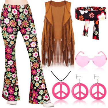 Imagem de Jenaai Conjunto de 7 peças de roupas hippie para meninas dos anos 60 e 70 anos 1970, boêmio, calça rodada, hippie, conjunto de acessórios (brilhante, grande)