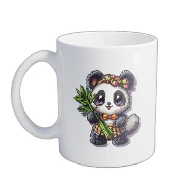 Imagem de Caneca Xícara de Café Porcelana 300ml Panda Pixelado com Caule Verde
