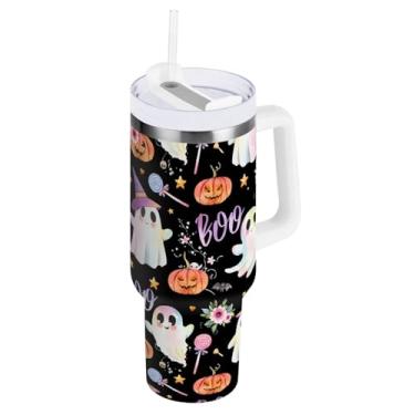 Imagem de ODAWA Copo de água grande com isolamento de espectro de Halloween fofo com alça e tampa de palha, copo com isolamento de aço com tampa 2 em 1