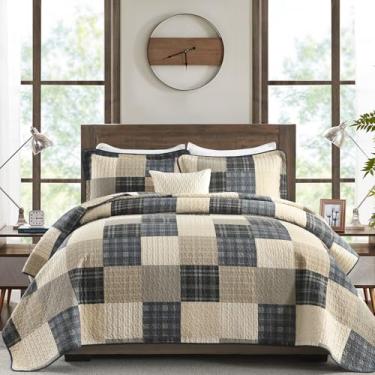 Imagem de KALOOLA Conjunto de colcha Queen Size 100% algodão – Colcha leve acolchoada com 2 fronhas, design xadrez reversível para todas as estações, carvão/bege/marrom/azul, 3 peças