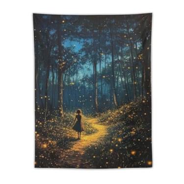 Imagem de Tapeçaria de parede Woman In Firefly Forest Path Encanting Night Nature Decor Starry Sky Art For Bedroom Living Room Magic Boho Style Hanging Decor Cozy Whimsical Accent Tapeçaria 76 x 101 cm