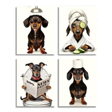 Imagem de Frimeeme Impressões engraçadas de arte de parede de Dachshund - Conjunto de 4 peças 20 x 25 cm sem moldura, tema spa e leitura, decoração de cachorro para banheiro, quartos de crianças, decoração de