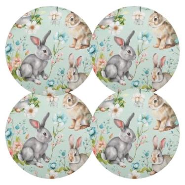 Imagem de Conjunto de tapetes azuis com flores da primavera coelhinhos, 4 jogos americanos laváveis para cozinha, mesa de jantar, 38 cm, tapete redondo de PVC para ambientes internos