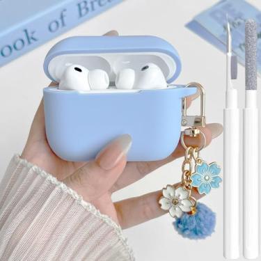 Imagem de Linda capa para Airpods Pro 3 para meninas e mulheres com chaveiro e kit de limpeza, capa protetora de silicone macio para Airpods iPod Pro 3ª geração, azul celeste