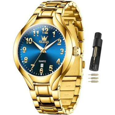 Imagem de OLEVS Relógio masculino de aço inoxidável, mostrador grande, analógico, fácil de ler, relógios masculinos à prova d'água de luxo, relógio masculino azul dourado, gold blue men watch, relógio masculino