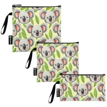 Imagem de Lindos rostos de coala amarelo claro lavável sacos de sanduíche e lanche reutilizáveis, sacos de comida com zíper para escola, piquenique, trabalho, viagem (conjunto de 3: P/M/G)