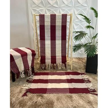 Imagem de Kit Passadeira de Cozinha 3 Peças Geométrica – Jogo de Tapetes em Tecido Grosso Algodão para Cozinha Sala e Quarto (Cru c/vinho)