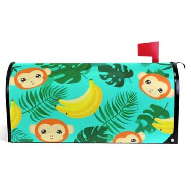 Imagem de Capas decorativas para caixa de correio magnética, outono, caixa de correio, vinil, decorações modernas de caixa de correio fofa, desenho animado, macaco, banana, azul-petróleo, tamanho grande, 64,5 x