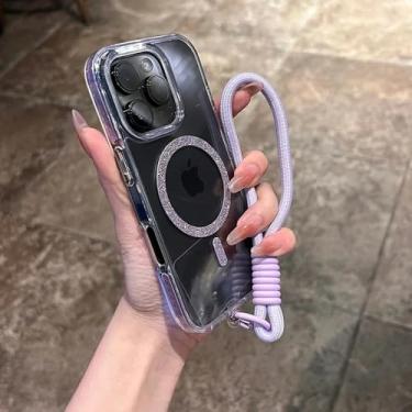 Imagem de Capa magnética transparente com alça de pulso para iPhone 14, 15, 16 Plus, 11, 12, 13, 16 Pro Max, capa transparente com glitter brilhante, roxa, para iPhone 16 Plus