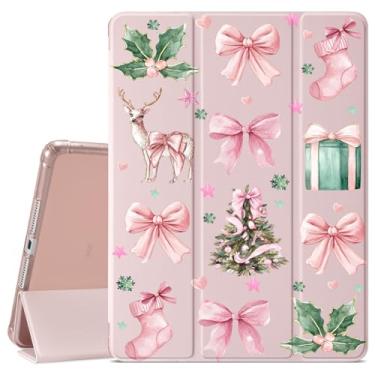 Imagem de VibrantFruitique Linda capa de Natal para iPad (A16) 11ª geração 2025 11 polegadas/10ª geração 2022 10,9 polegadas capa com laço de fita rosa, suporte para lápis, traseira de TPU macio transparente e