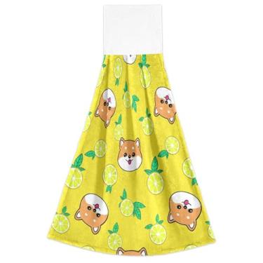 Imagem de Joitme Toalhas de mão de outono com laço para pendurar bonito cachorro amarelo limão forno toalhas de dedo conjunto de 2, toalhas de secagem de cozinha fofas altamente absorventes, 46 x 35 centímetros