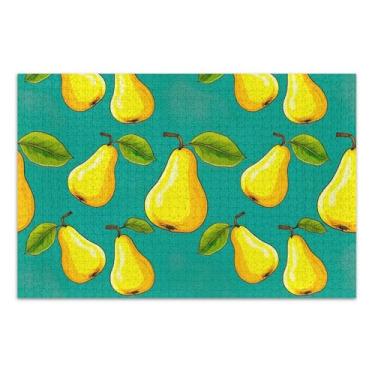 Imagem de Quebra-cabeça 1000 peças adulto peras amarelas folhas verdes azul-petróleo presentes para jogo de elefante branco quebra-cabeça exclusivo animal arte colorida, 75 x 40 centímetros