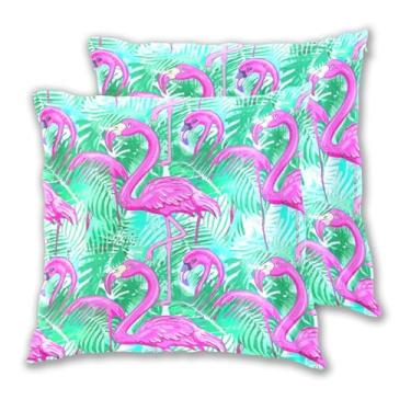 Imagem de Joitme Conjunto de 2 capas de almofadas de folhas de palmeira verde flamingo rosa para sofá, decoração de casa, sala de estar, 45 x 45 cm, 2 peças