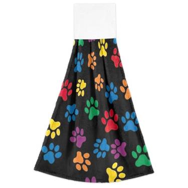 Imagem de Toalhas de mão de cozinha coloridas com estampa de pata de cachorro com laço para pendurar conjunto de 2 toalhas de banheiro altamente absorventes, toalha fofa decoração de cozinha 18,2 x 14 polegadas