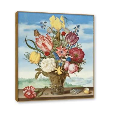 Imagem de NHLDZYH Moldura de teca. Impressão de flores vintage rústica, arte de parede em tela emoldurada floral clássica, decoração de cozinha de fazenda, pronto para pendurar. B04. 50 x 60 cm