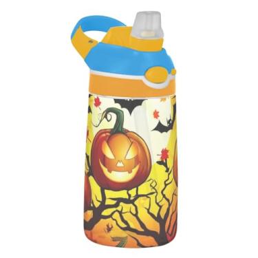 Imagem de Garrafa de água infantil Tritan de 473 ml com tampa de canudo à prova de vazamento, garrafa de água esportiva para escola, copo infantil portátil de 473 ml, alça de transporte, lanterna de Halloween