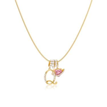 Imagem de Robaice Colar feminino banhado a ouro 14 K, pingente de letra de coração planeta rosa com corrente redonda de espinha de peixe, joia que não mancha. Presente para ela, 16'' + 2'' extender, Metal, Sem