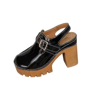Imagem de Sandálias femininas de verão, bico fechado, salto alto, poliuretano, plataforma casual, confortável, caminhada, Preto, 35