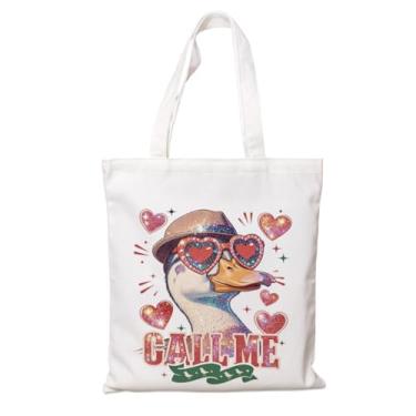 Imagem de Sacola de Dia dos Namorados, Bolsa de Compras de Ombro Reutilizável, Ganso Engraçado com Design de Óculos de Coração, Presente de Lona Branca para Ela, Trabalho, Escola, Praia, Mercearia, Bolsa